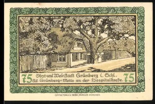 Notgeld Grünberg i. Schl. 1921, 75 Pfennig, Motiv an der Hospitalstrasse und Stadtwappen mit Figuren