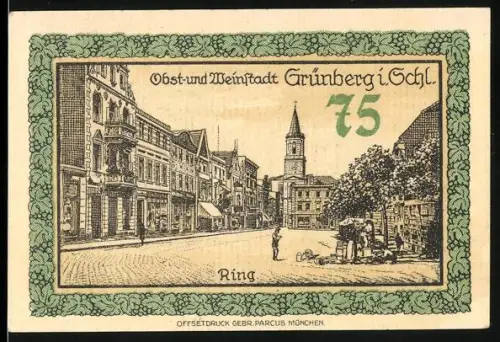Notgeld Grünberg i. Schl. 1921, 75 Pfennig, Stadtszene am Ring und Wappen mit Figuren