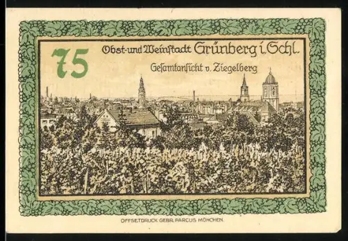 Notgeld Grünberg i. Schl. 1921, 75 Pfennig, Gesamtansicht von Ziegelberg und Wappen mit zwei Figuren