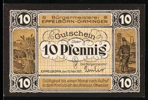 Notgeld Eppelborn-Dirmingen 1921, 10 Pfennig, Ernte und Bergmannsmotiv, Kaisereiche zu Eppelborn