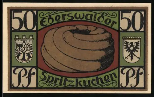 Notgeld Eberswalde 1921, 50 Pfennig, Eberswalder Spritzkuchen und Gesundbrunnen