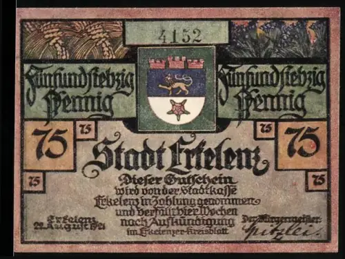 Notgeld Erkelenz 1921, 75 Pfennig, Stadtwappen und Gebäude mit Figur und Spruchband