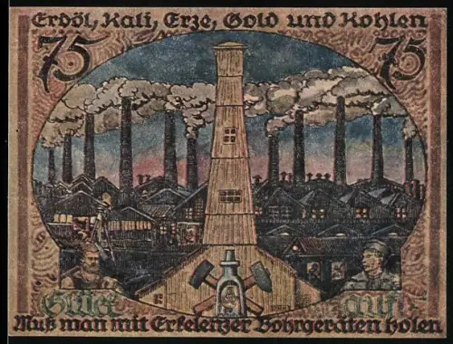 Notgeld Erkelenz 1921, 75 Pfennig, Industrieanlage mit Schornsteinen und Zeche, Wappen von Erkelenz