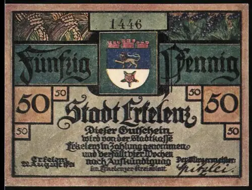 Notgeld Erkelenz 1921, 50 Pfennig, Wappen und französische Besetzungsszene 1794