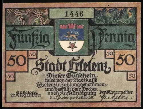 Notgeld Erkelenz 1921, 50 Pfennig, Wappen und historische Szene von 1686 während der Feuersbrunst