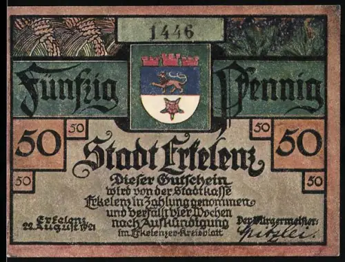 Notgeld Erkelenz 1921, 50 Pfennig, Wappen und Verleihung der Stadtrechte 1326