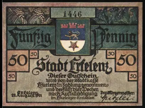 Notgeld Erkelenz 1921, 50 Pfennig, Wappen und Szene von 1543 mit Kaiser Karl und Pfarrer Goswin