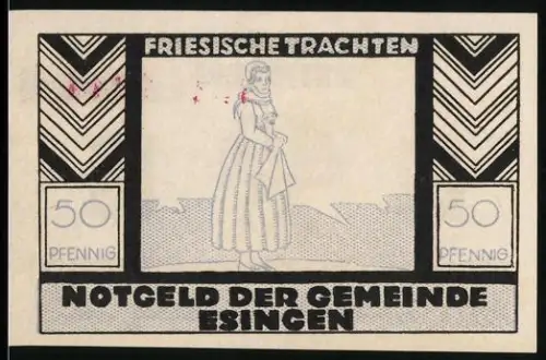 Notgeld Esingen, 50 Pfennig, Friesin in Tracht, Motiv mit zwei Bäumen