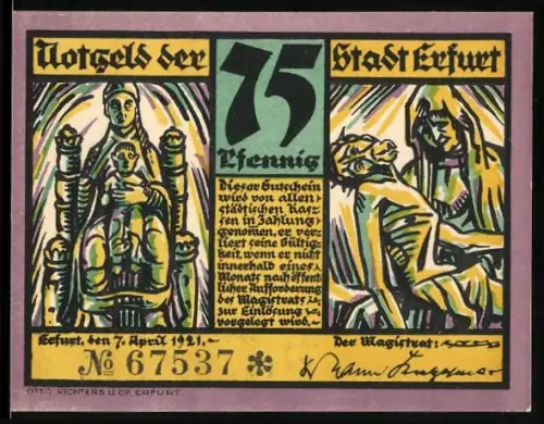 Notgeld Erfurt 1921, 75 Pfennig, Szenen mit religiösen Motiven und Kerzenhalter