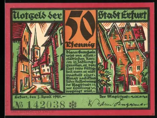 Notgeld Erfurt 1921, 50 Pfennig, Fachwerkhäuser und Dom Severin