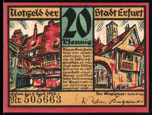 Notgeld Erfurt 1920, 20 Pfennig, Fachwerkhäuser und historische Gebäudeansicht