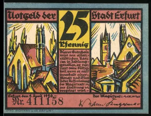 Notgeld Erfurt 1920, 25 Pfennig, Stadtansichten mit Türmen und Ägidienkirche
