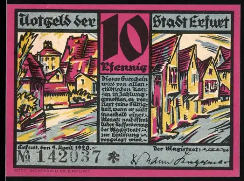 Notgeld Erfurt 1920, 10 Pfennig, historische Gebäude und Strassenansicht am Dämmchen