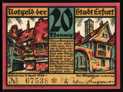 Notgeld Erfurt 1920, 20 Pfennig, Fachwerkhäuser und Alte Universität Michaeliskirche