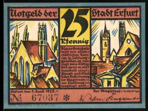 Notgeld Erfurt 1920, 25 Pfennig, Stadtansichten mit Kirchen und Krämerbrücke