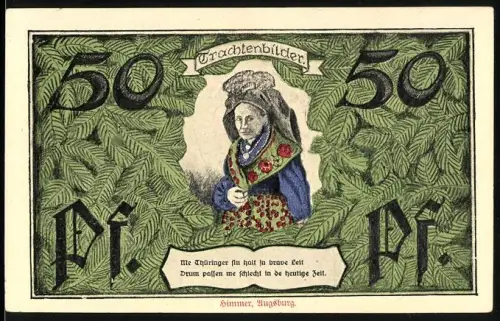 Notgeld Erfurt 1921, 50 Pfennig, Trachtenbilder mit Thüringer Wappen und Spruchband