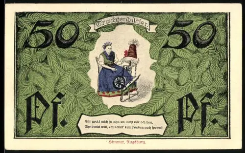 Notgeld Erfurt 1921, 50 Pfennig, Trachtenbilder mit Spinnrad und Thüringer Wappen