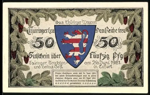 Notgeld Erfurt 1921, 50 Pfennig, Thüringer Wappen und Trachtenbilder mit Frauen in Volkstrachten