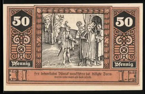 Notgeld Wilsnack 1922, 50 Pfennig, mittelalterliche Szene 1383 und Ortsansicht