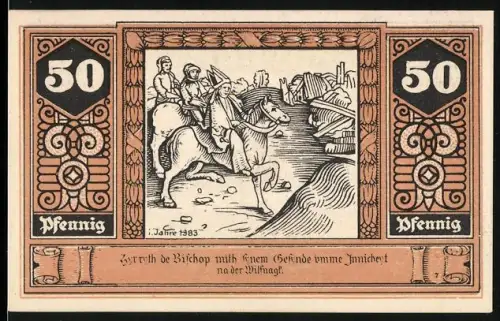 Notgeld Wilsnack 1922, 50 Pfennig, Bischof mit Gefolge im Jahr 1383 und Ansicht vom Eisenmoorbad