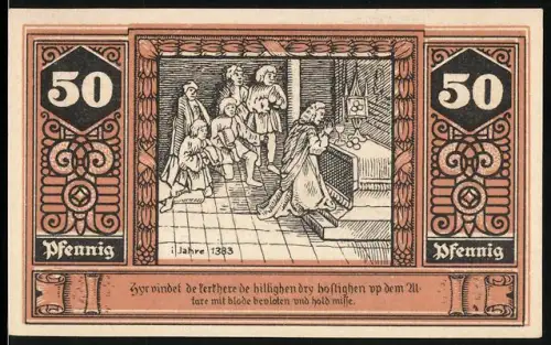 Notgeld Wilsnack 1922, 50 Pfennig, Wunderblut-Kirche und historische Szene von 1383