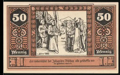 Notgeld Wilsnack 1922, 50 Pfennig, Wunderblutkirche und historische Szene von 1383