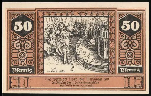 Notgeld Wilsnack 1922, 50 Pfennig, Wunderblutkirche und historische Szene mit Stadtbrand