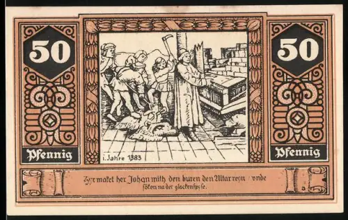 Notgeld Wilsnack 1922, 50 Pfennig, Wunderblutkirche und mittelalterliche Szene von 1383