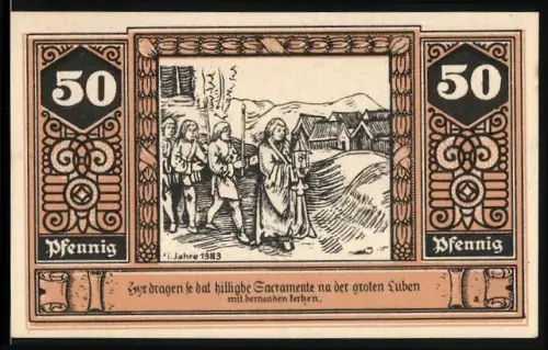 Notgeld Wilsnack 1922, 50 Pfennig, Kirche und Prozession im Jahr 1383