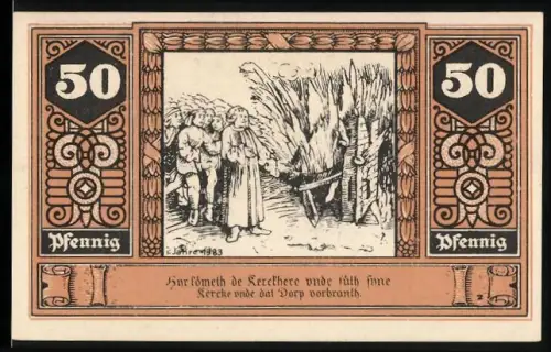 Notgeld Wilsnack 1922, 50 Pfennig, Wunderblutkirche und Verbrennungsszene