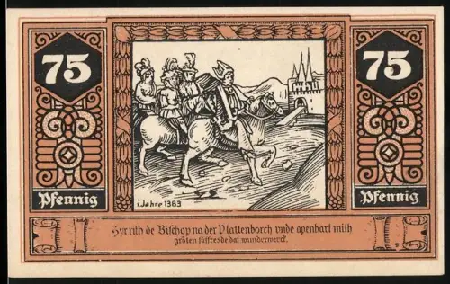 Notgeld Wilsnack 1922, 75 Pfennig, Bischof zu Pferd und Ortsansicht mit Fachwerkhaus und Kirche