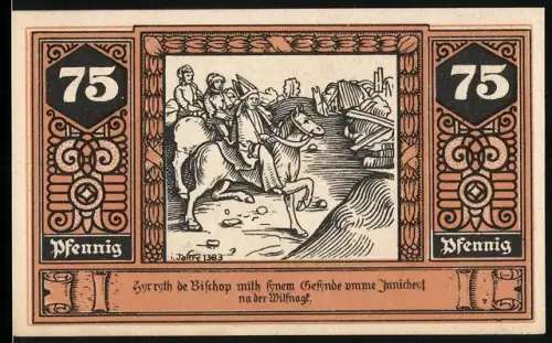 Notgeld Wilsnack 1922, 75 Pfennig, Bischof auf Pferd und Ansicht vom Eisenmoorbad