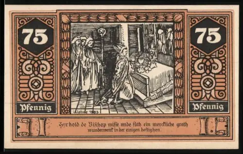 Notgeld Wilsnack 1922, 75 Pfennig, Bischof und mittelalterliche Szene, Ortsansicht mit Anwohnern