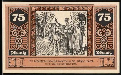 Notgeld Wilsnack 1922, 75 Pfennig, mittelalterliche Szene und Ansicht vom Eisenmoorbad
