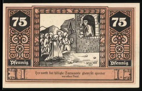 Notgeld Wilsnack 1922, 75 Pfennig, Pilgergruppe und Ortsansicht mit Gebäuden