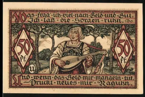 Notgeld Raguhn 1921, 50 Pfennig, Spielmann mit Laute und Ortsansicht mit Tor und Fluss