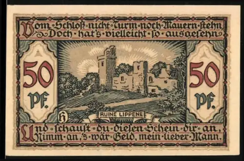 Notgeld Raguhn 1921, 50 Pfennig, Ruine Lippene und Stadtmauer mit Wappen