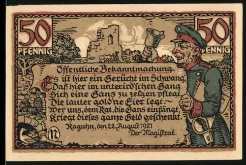 Notgeld Raguhn 1921, 50 Pfennig, Ruine mit Wächter und Stadttor mit Wappen