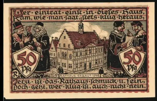 Notgeld Raguhn 1921, 50 Pfennig, Rathaus von 1716 und Wappen mit Ortsansicht und Stadttor