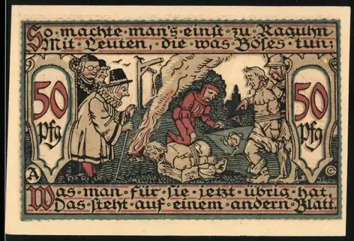 Notgeld Raguhn 1921, 50 Pfennig, mittelalterliche Szene und Stadtwappen mit Bär