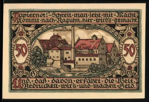 Notgeld Raguhn 1921, 50 Pfennig, Papierfabrik und Stadttor mit Wappen