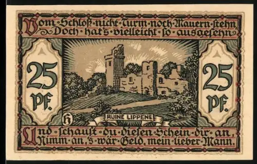 Notgeld Raguhn 1921, 25 Pfennig, Ruine Lippene und Ortsansicht mit Wappen