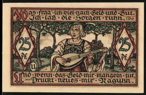 Notgeld Raguhn 1921, 25 Pfennig, Spielmann mit Laute und Stadtwappen im Torbogen