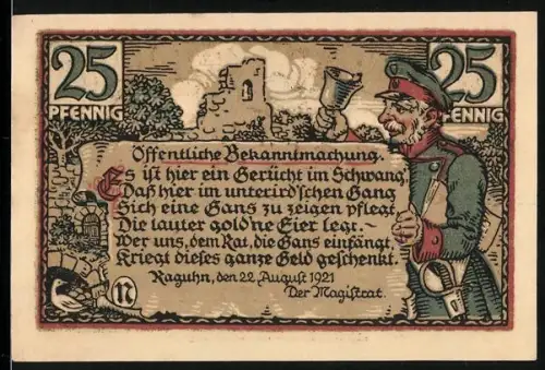 Notgeld Raguhn 1921, 25 Pfennig, Stadttor und Wachmann mit öffentlicher Bekanntmachung