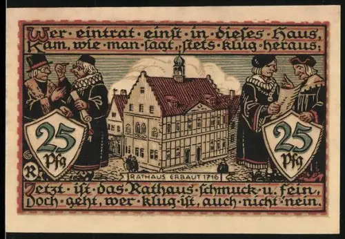 Notgeld Raguhn 1921, 25 Pfennig, Rathaus und Stadttor mit Burg und Schildwappen