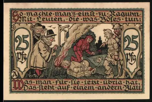 Notgeld Raguhn 1921, 25 Pfennig, mittelalterliche Strafszene Bestrafung von Verbrechern und Ortsansicht mit Wappen