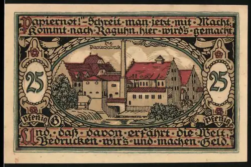 Notgeld Raguhn 1921, 25 Pfennig, Papierfabrik und Stadtwappen mit Burgmotiv