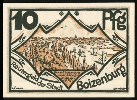 Notgeld Boizenburg i. M. 1922, 10 Pfennig, Blick auf den Ort von den Elbbergen um 1850