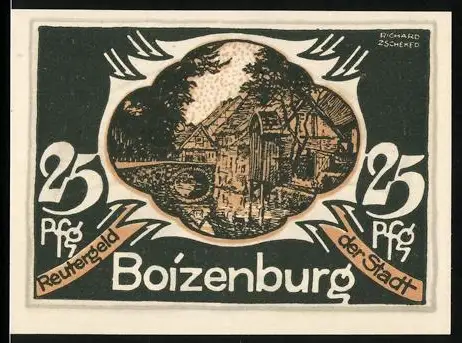 Notgeld Boizenburg 1922, 25 Pfennig, Landschaft mit Haus und Arbeiter am Hafen