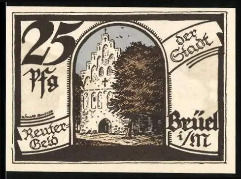 Notgeld Brüel i. M. 1922, 25 Pfennig, Stadttor und Kinder vor Herrenhaus mit Gedicht